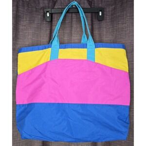 Vintage Swim Tote Bag‎ Beach Swimming Nylon Blue Pink Yellow Pockets 21x17" Lake